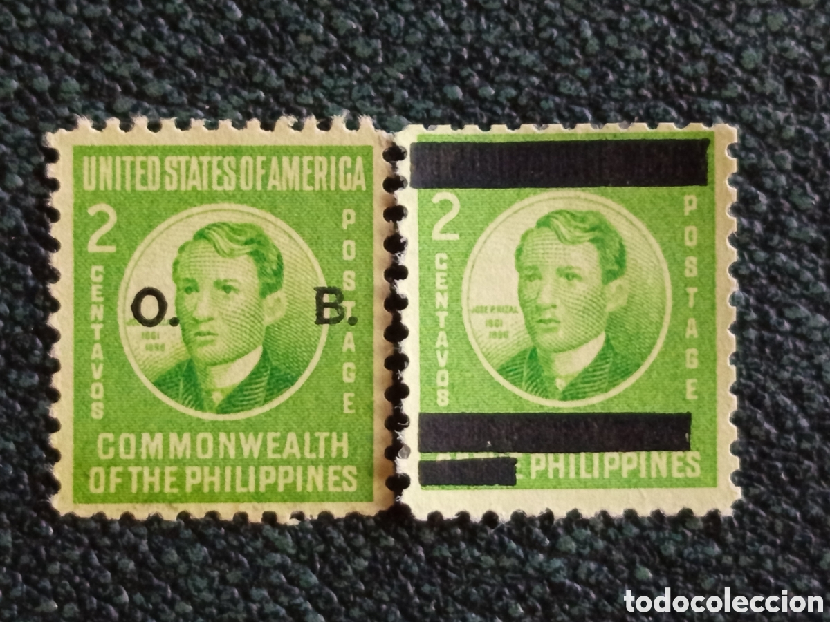 Sellos: Pareja Filipinas 2 Centavos Rizal Official O.B. y Sobrecarga Japonesa 1942 MH