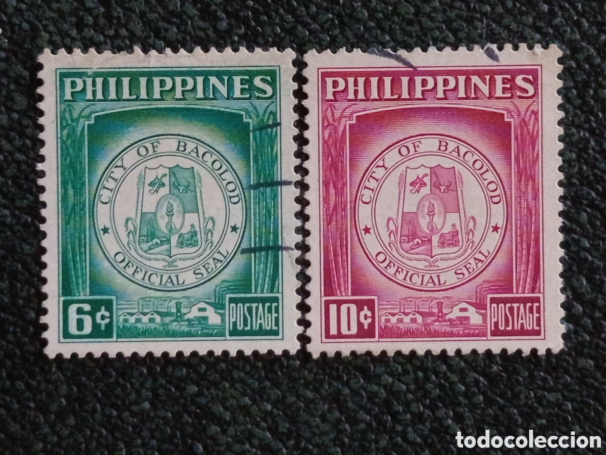 Sellos: Pareja Filipinas Escudo Ciudad Bacolod 6c Verde Y 10c Magenta 1956