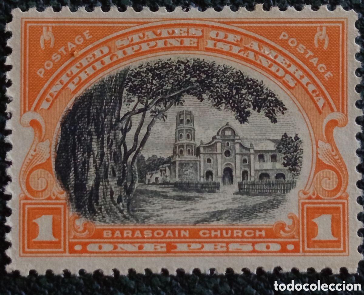 Sellos: Sello Filipinas 1 Peso Iglesia de Barasoain Bicolor Naranja/Negro 1935 MNH