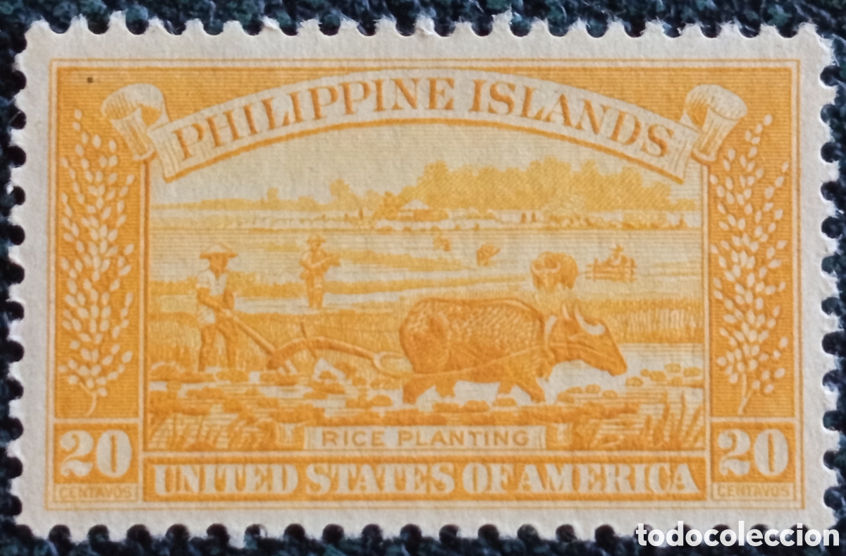 Stamps: Sello Filipinas Cultivo de Arroz Rice Planting 20 Centavos Amarillo 1932 MNH