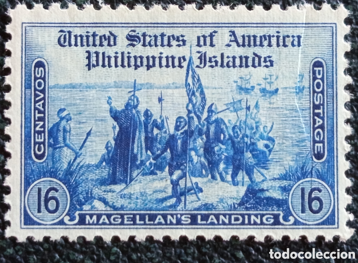 Sellos: Sello Filipinas Desembarco Magallanes 16c Azul MNH Offset/Set-off 1932