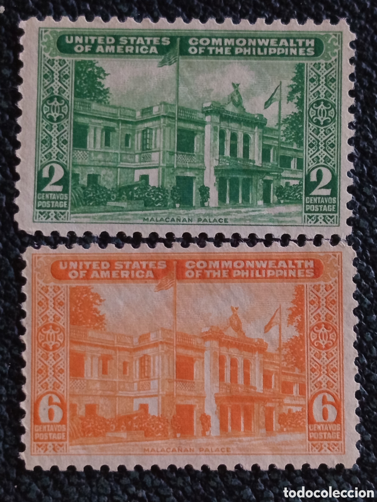 Stamps: Pareja Filipinas Palacio Malaca&ntilde;an 2c Verde y 6c Naranja 1939-41 MH