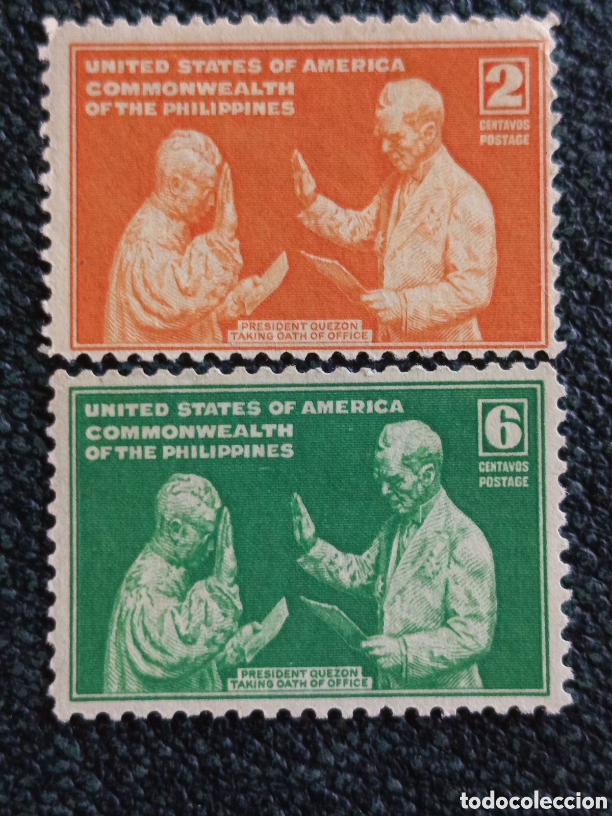 Stamps: Pareja Filipinas Jura Presidente Quezon 2c Naranja y 6c Verde 1936-41 MNH