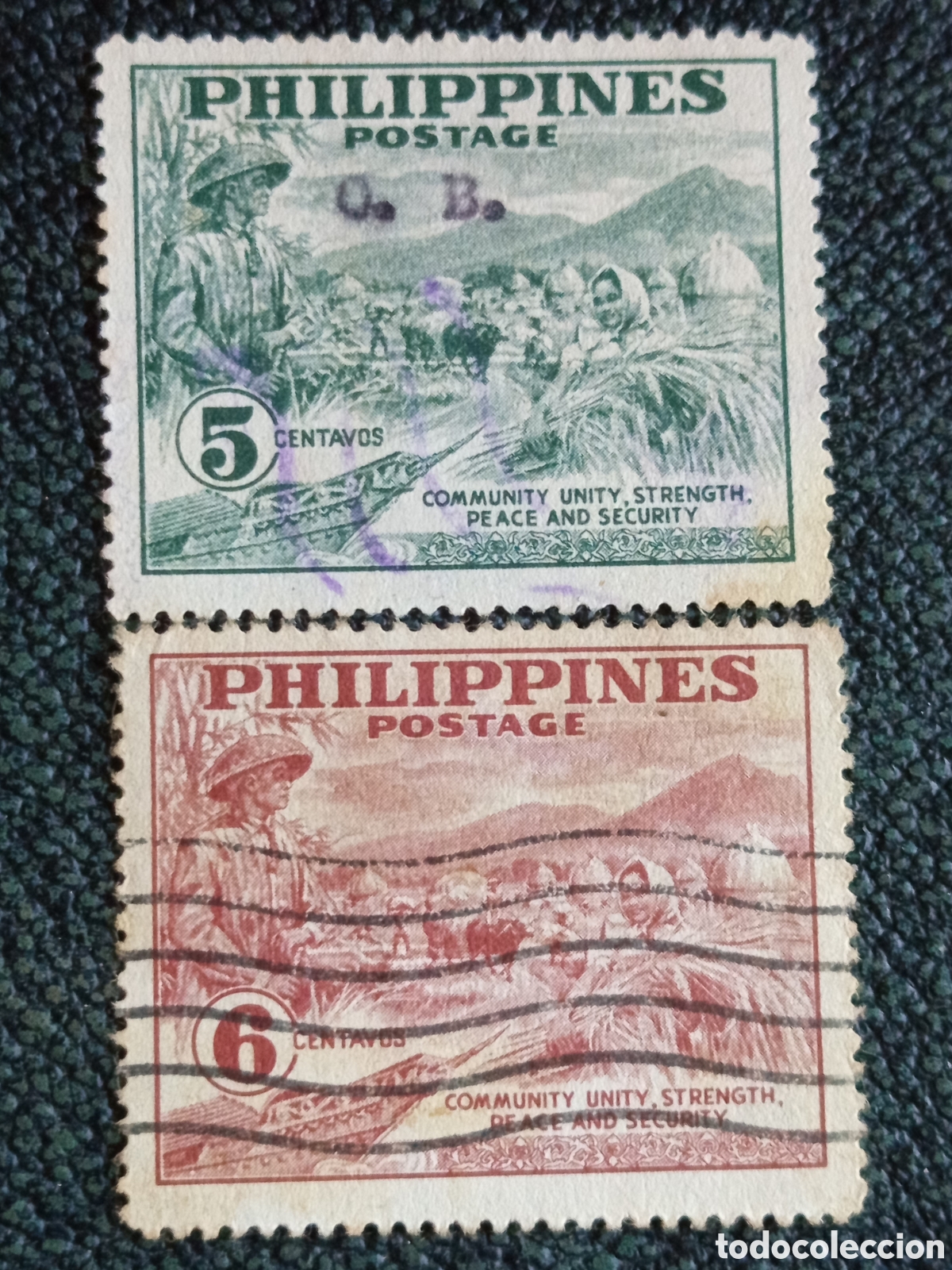 Sellos: Lote 2 Sellos Filipinas 1951 Cosecha Paz 5c OB y 6c Usados - Cat&aacute;logo Scott #554/555