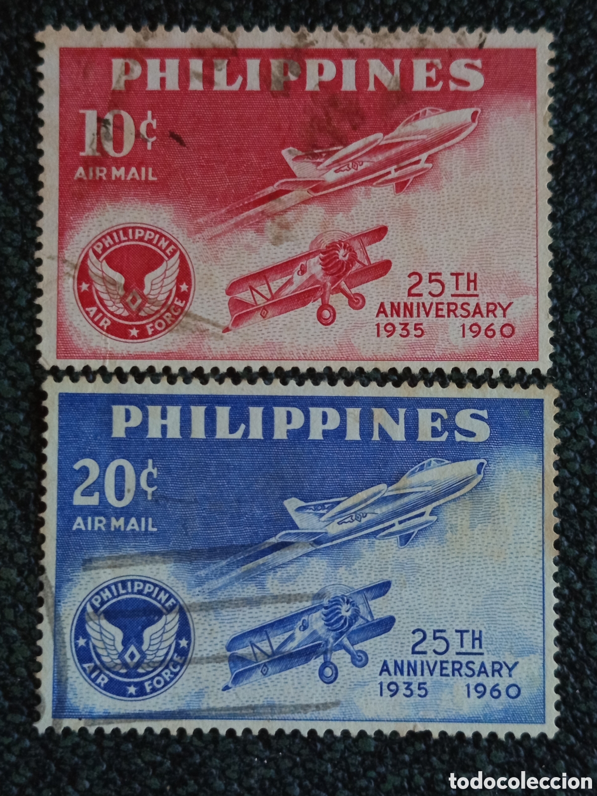 Sellos: Lote 2 Sellos Filipinas A&eacute;reo 1960 Fuerza A&eacute;rea 10c/20c Usados - Scott #C83/C84
