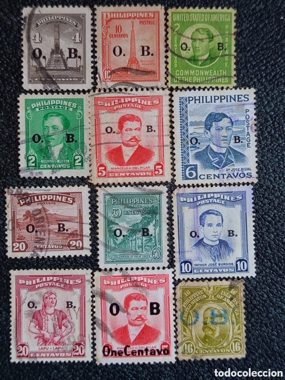 Sellos: Lote 12 Sellos Filipinas 1938-1955 Heroes Habilitados O.B.