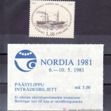 Sellos: FINLANDIA 844 CON ENTRADA EXPOSICION NORDIA 1981 SIN CHARNELA, BARCO, 125 ANIVº PRIMER SELLO 