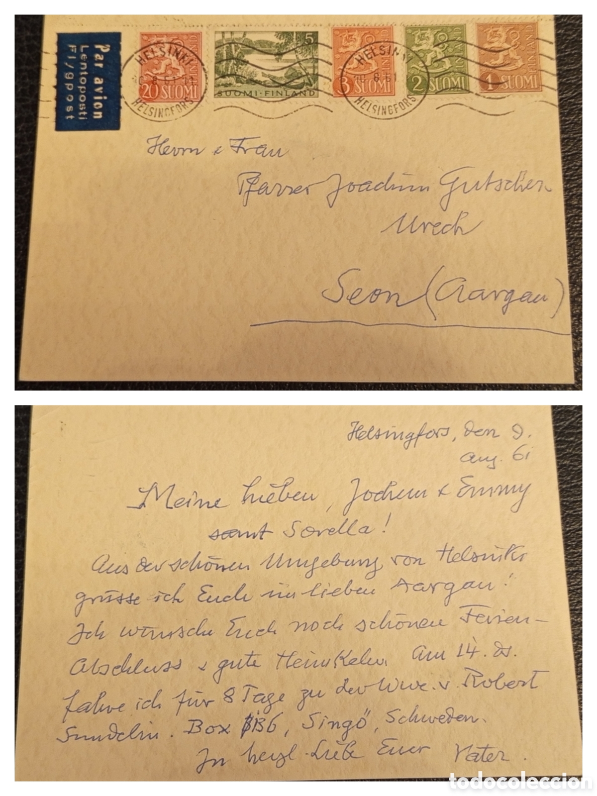 Sellos: Postal Finlandia 1961 - Helsinki a Suiza - Franquicia M&uacute;ltiple 5 Sellos - Correo A&eacute;reo