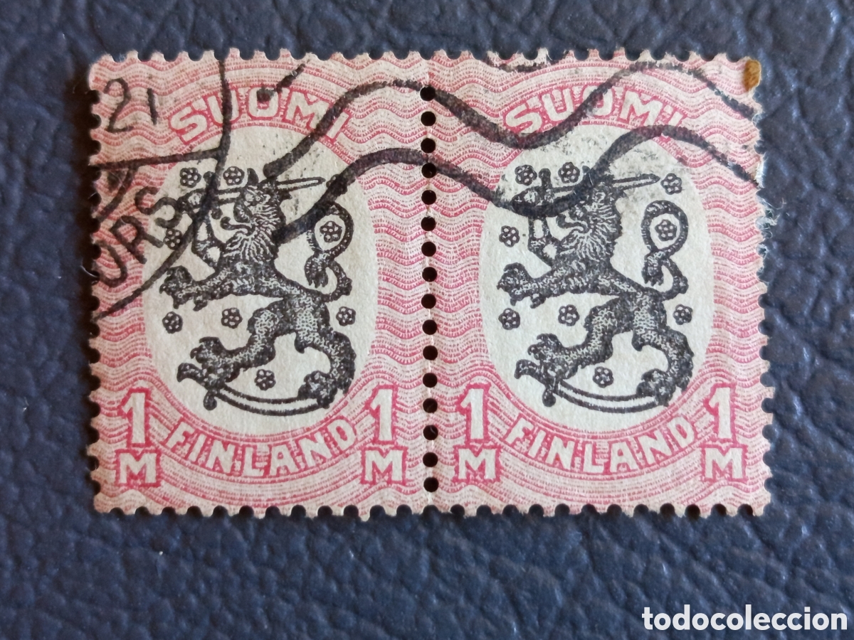 Sellos: Finlandia 1917 Escudo de Armas 1M Le&oacute;n - Pareja Usada - Cat. Michel 86A / Facit 83A
