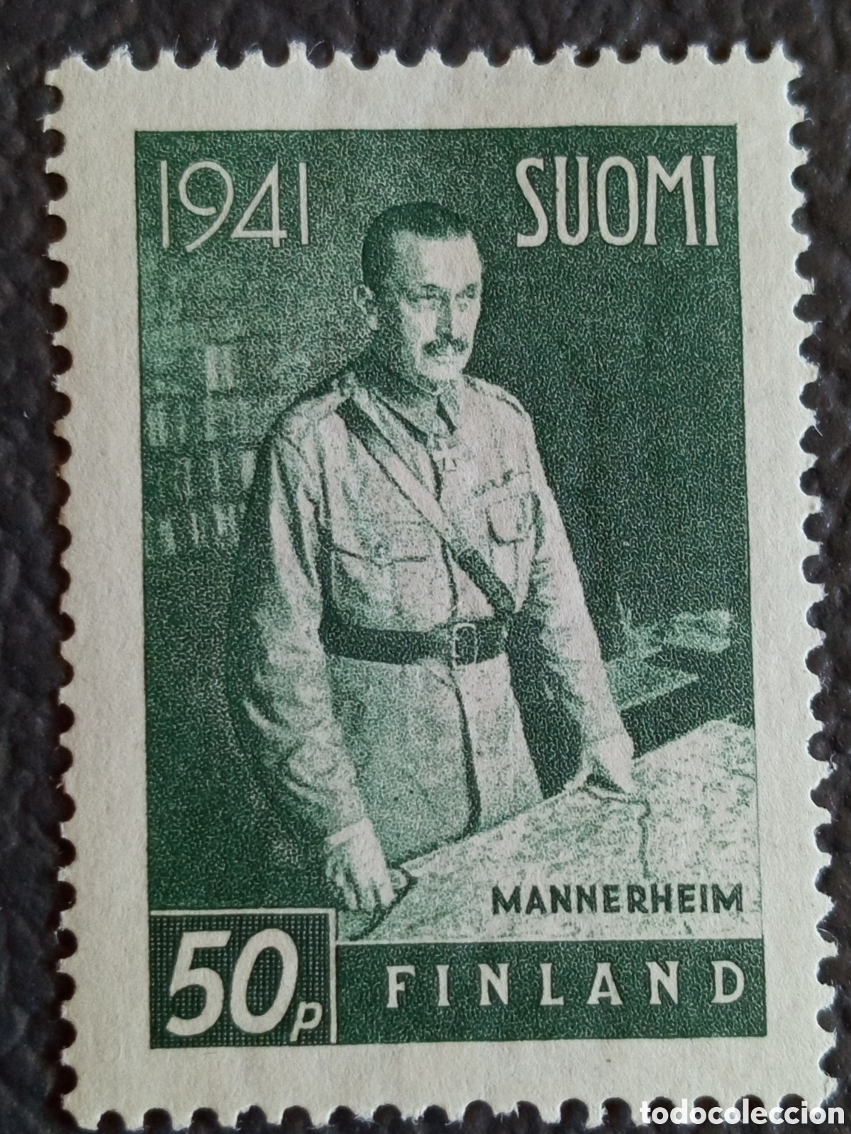 Sellos: Finlandia 1941 &middot; Suomi Finland &middot; 50p &middot; Mariscal Mannerheim &middot; Verde oscuro &middot; Scott #227 &middot; MH