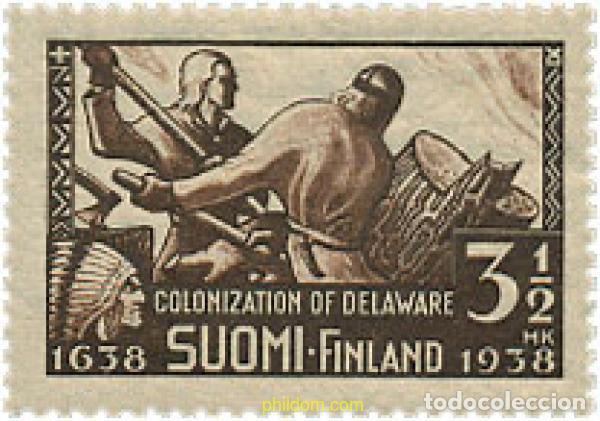 Sellos: 103473 MNH FINLANDIA 1938 300 ANIVERSARIO DE LA &rdquo;NUEVA SUECIA&rdquo; EN EL ESTADO DE DELWARE (EEUU)