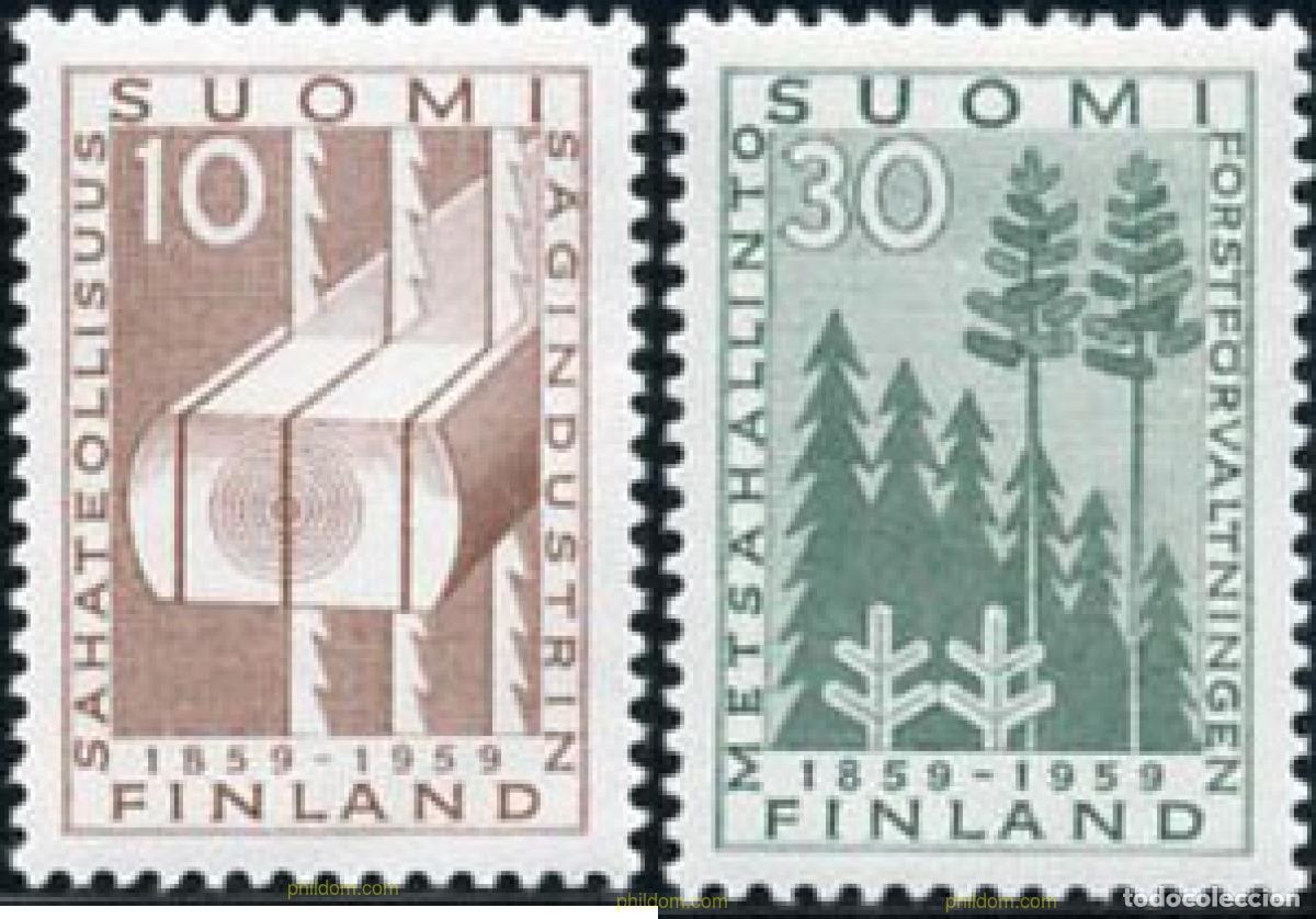 Sellos: 103592 MNH FINLANDIA 1959 CENTENARIO DE LA ADMINISTRACION FORESTAL Y DE LA PRIMERA SERRERIA DE VAPO