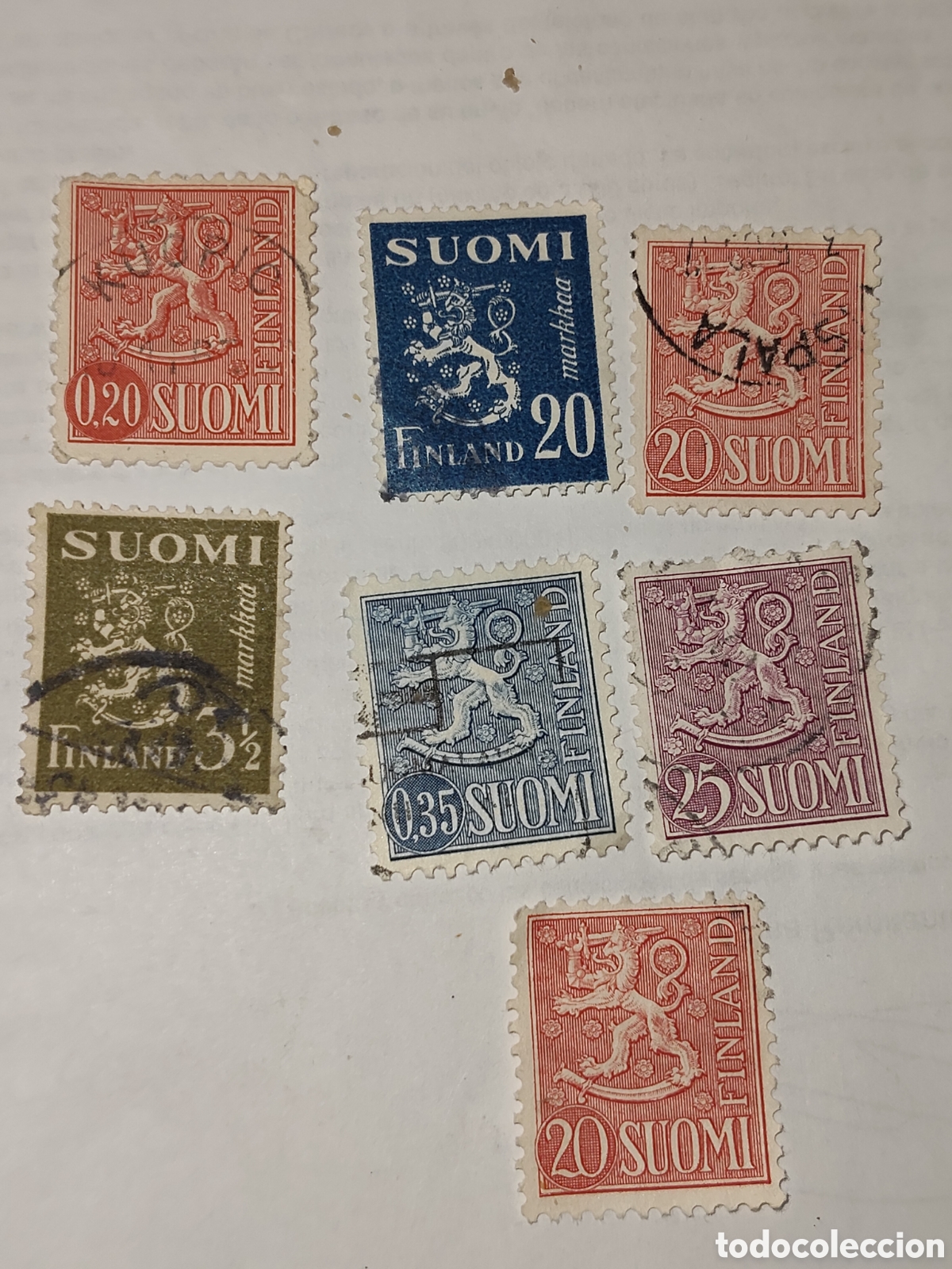 Sellos: 7 sellos de Finlandia escudo de armas Le&oacute;n Heraldico 1954