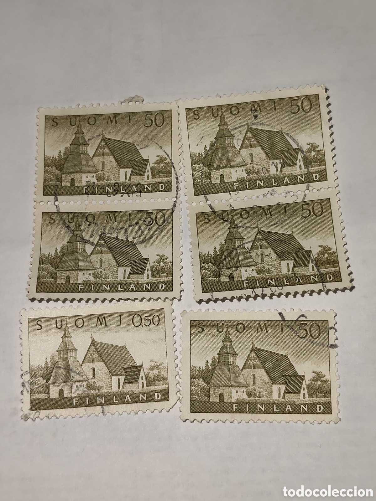 Sellos: 6 sellos de Finlandia Iglesia Medieval de Lammi 1957 usados