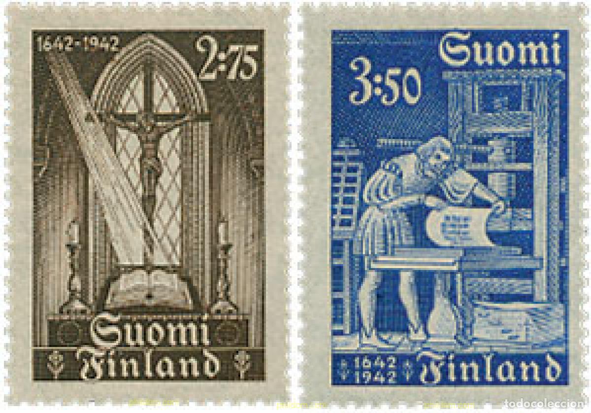 Sellos: 102533 MNH FINLANDIA 1942 3 CENTENARIO DE LA TIPOGRAFIA Y DE LA PRIMERA BIBLIA EN FINLANDES