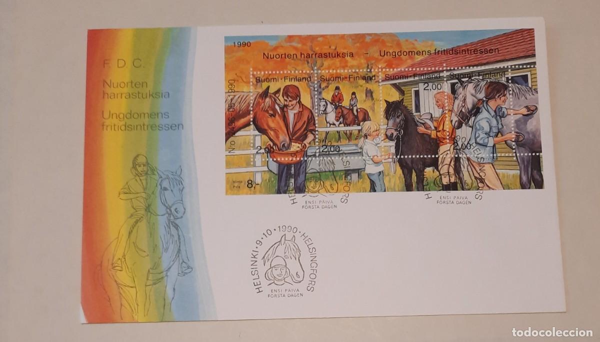 Stamps: FDC Aficiones de los j&oacute;venes Minihoja de sellos equitaci&oacute;n Helsinki 9.10.1990