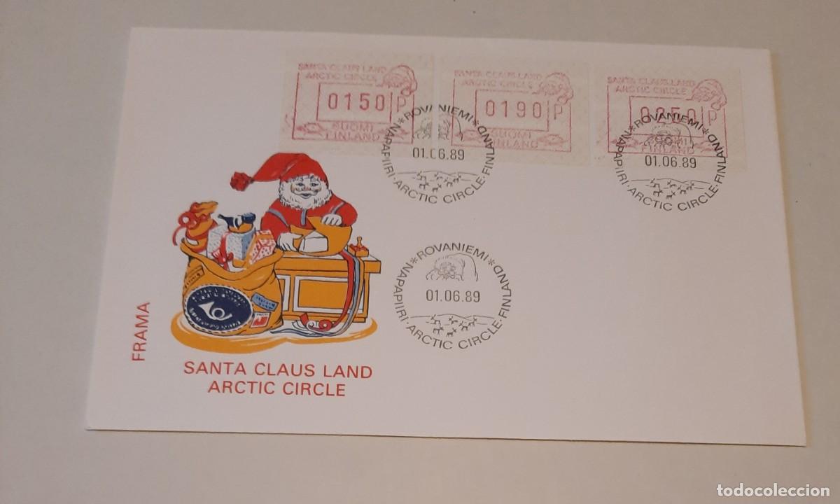Stamps: FDC el Pais de Pap&aacute; Noel C&iacute;rculo Polar &Aacute;rtico con tres sellos autom&aacute;tico Rovaniemi 01.06.89