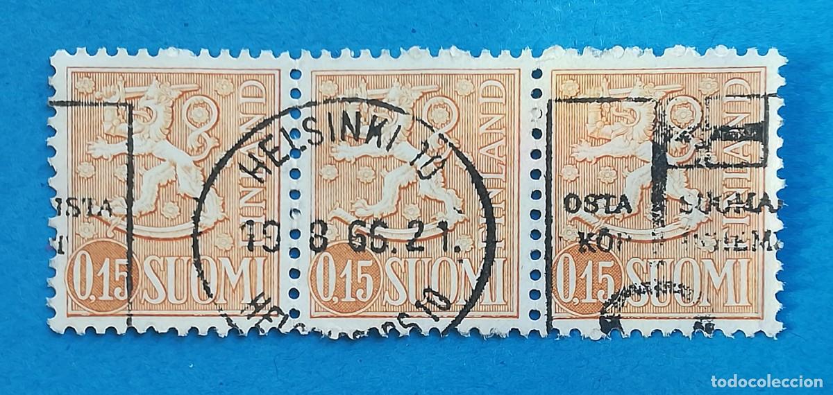 Sellos: Bloque de 3 Sellos Finlandia Suomi. 0,15 Markka. Usado.