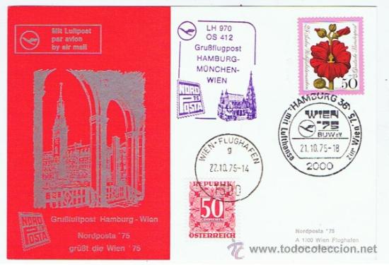 Sellos: postal circulada aereo hamburgo munich viena - Foto 1