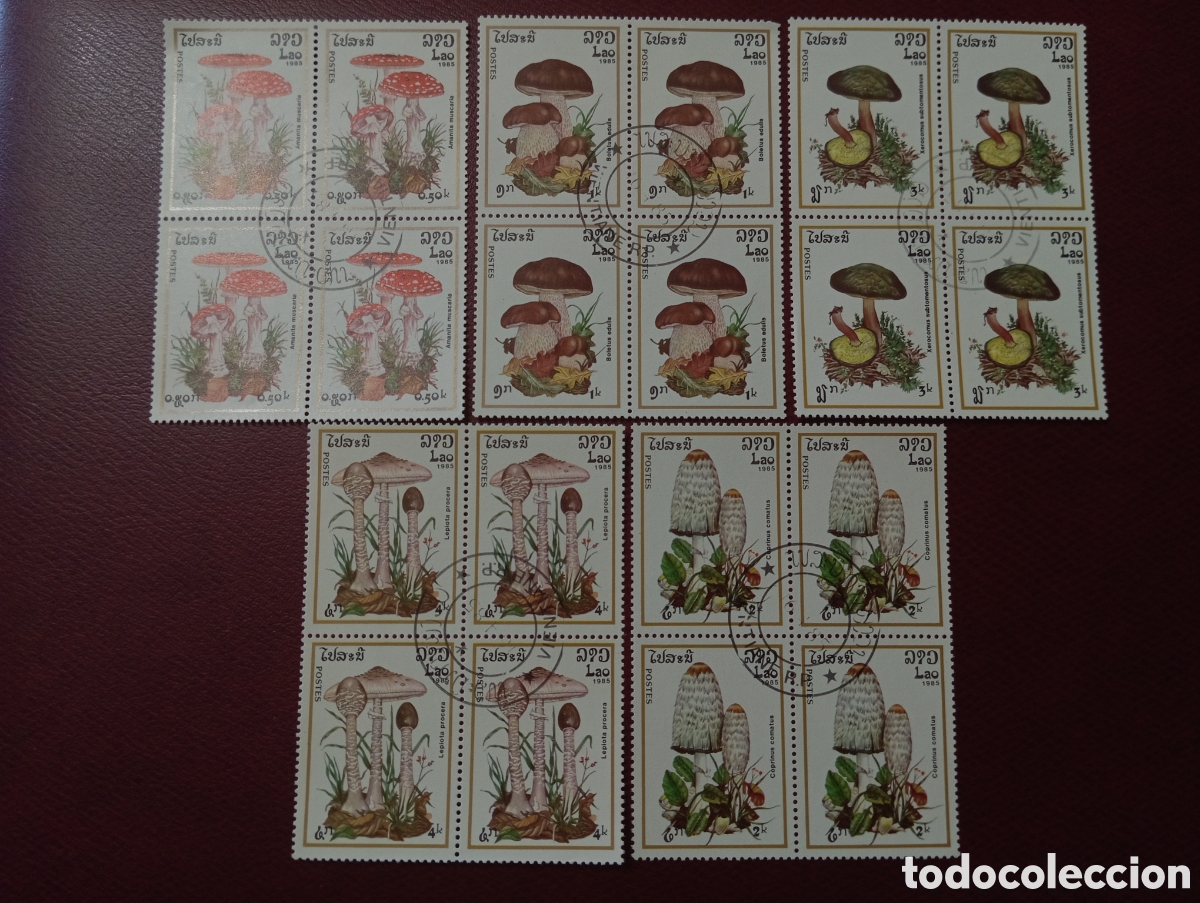 Sellos: Lote bloques de 4 LAOS 1985 - FLORA / SETAS - Foto 1