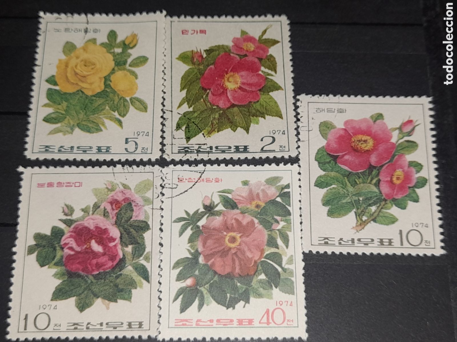 Francobolli: Sello Corea Norte mtdo 1974. Flores. Flora. Naturaleza. Plantas. Rosa rugosa. Silvestre.