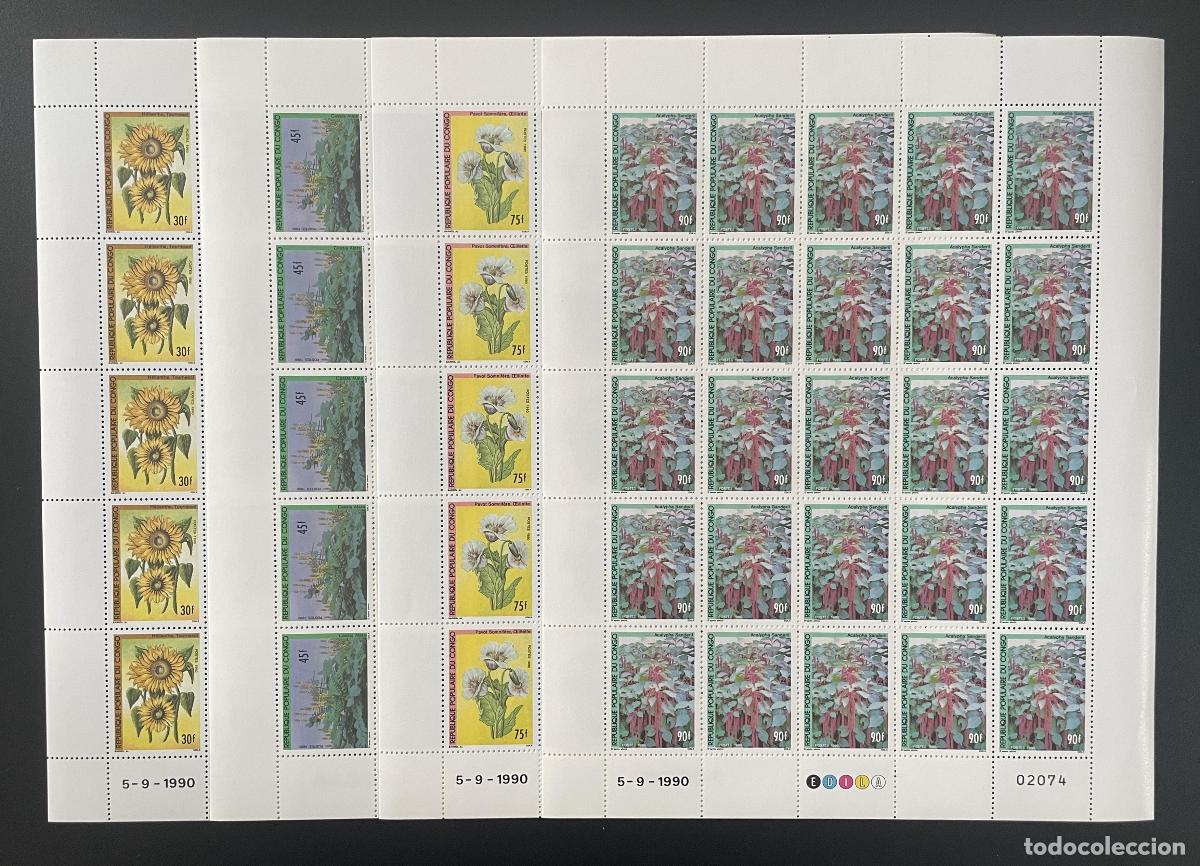 Sellos: Congo 1990 YT 875-878 tabl&oacute;n de flores naturaleza bot&aacute;nica
