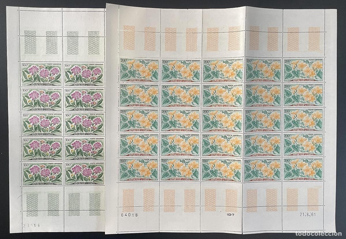 Sellos: Congo 1961 YT PA 2-3 tabl&oacute;n flores naturaleza bot&aacute;nica correo a&eacute;reo