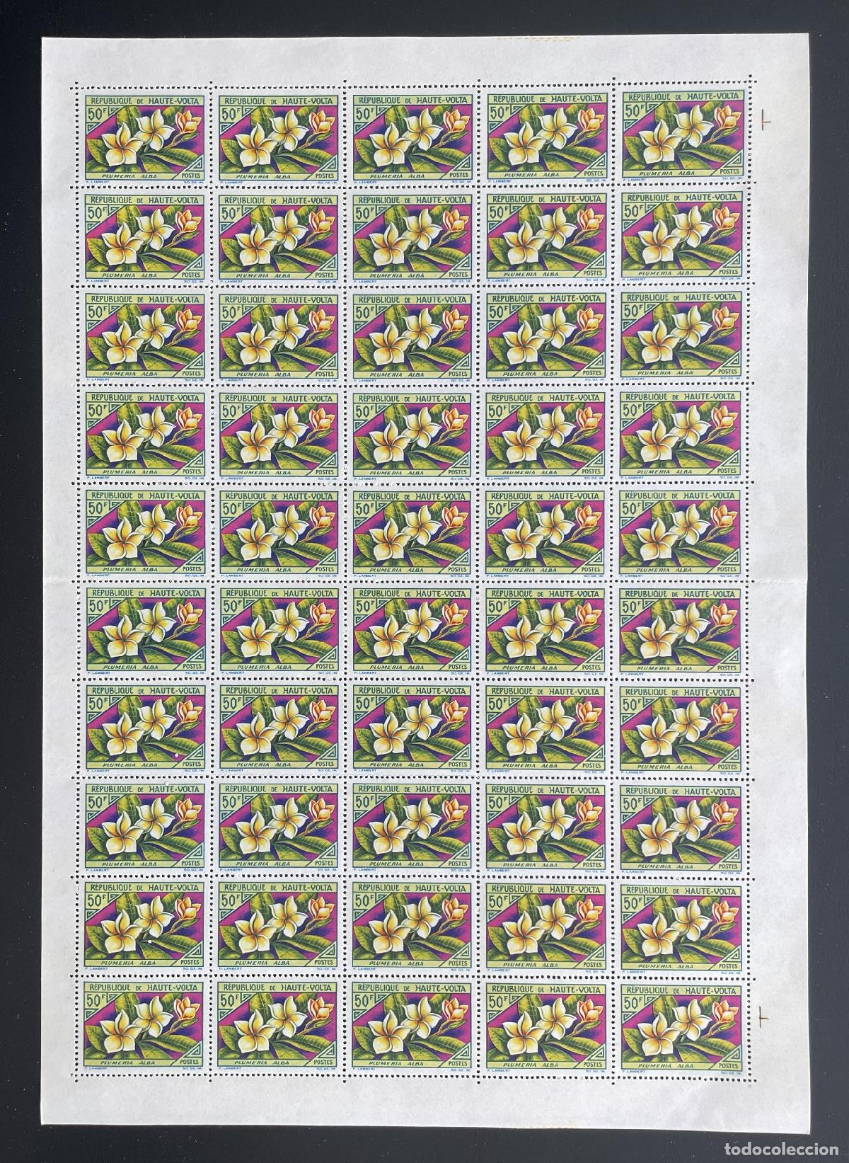 Sellos: Alto Volta 1963 YT 126 bloque flor Plumeria Alba flora tropical naturaleza