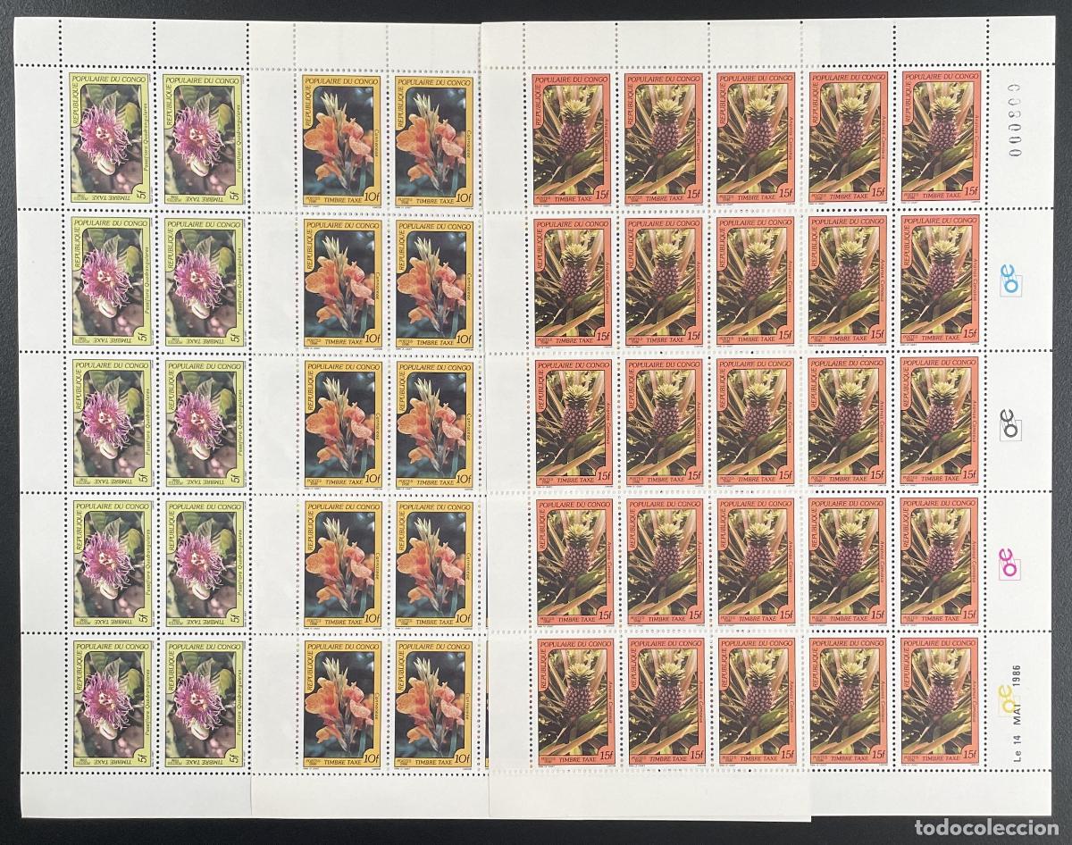 Sellos: Congo 1986 YT Tax 52-54 tablones de flores pi&ntilde;a flora bot&aacute;nica tropical