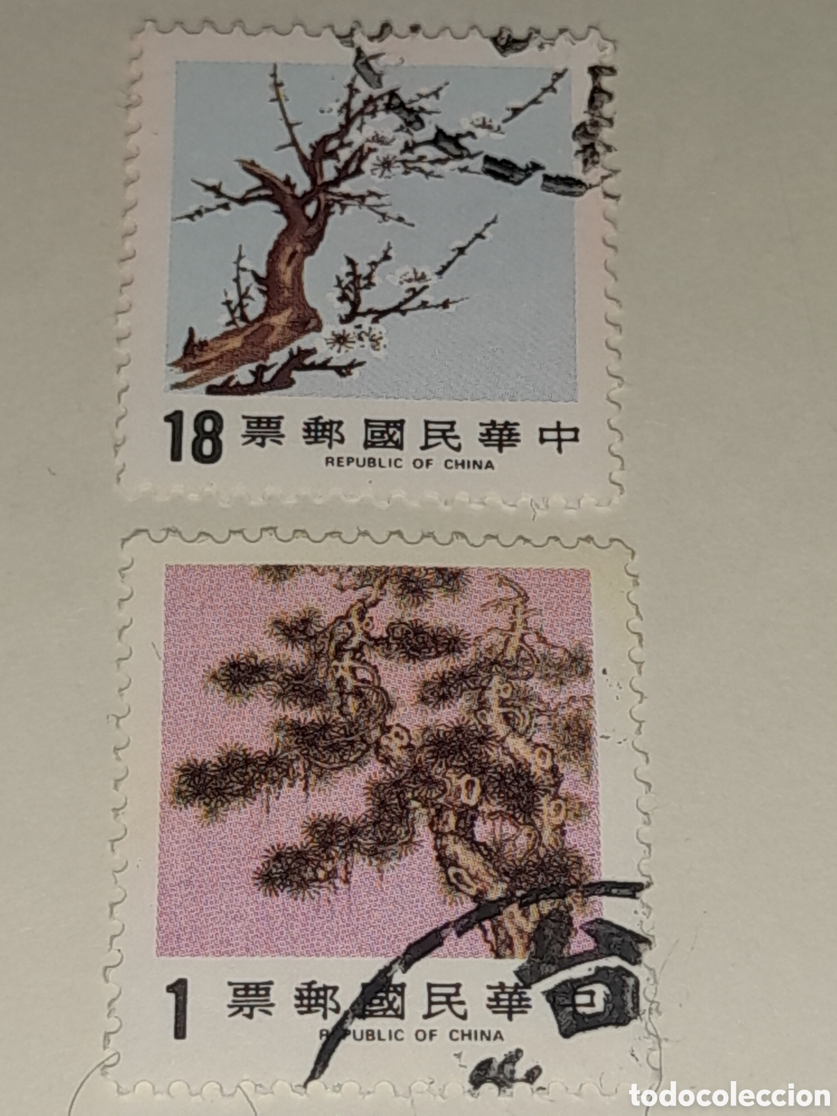 Sellos: Sello (2/3v) Taiwan, China mtdo 1986. 3 amigos invierno. &Aacute;rboles. Naturaleza. Pino. Flores ciruelo