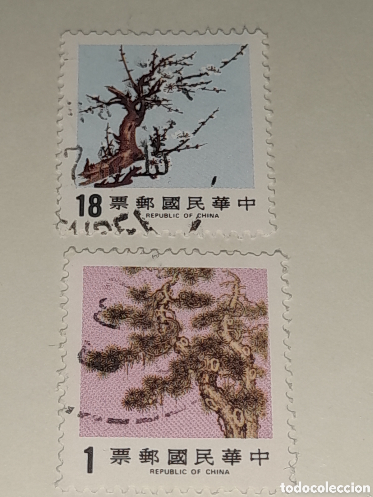 Sellos: Sello (2/3v) Taiwan, China mtdo 1986. 3 amigos invierno. &Aacute;rboles. Naturaleza. Pino. Flores ciruelo