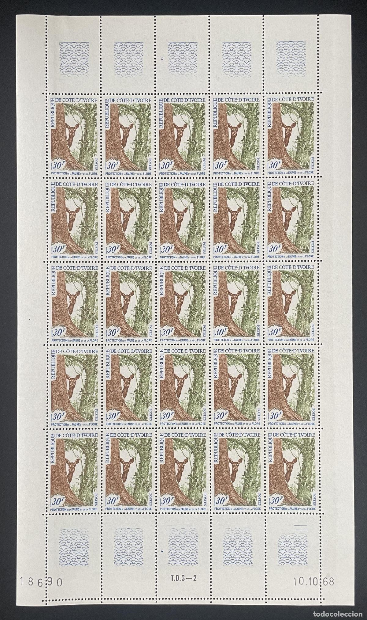 Sellos: Costa de Marfil 1968 YT 281 tabl&oacute;n protecci&oacute;n fauna flora ant&iacute;lope bongo bosque