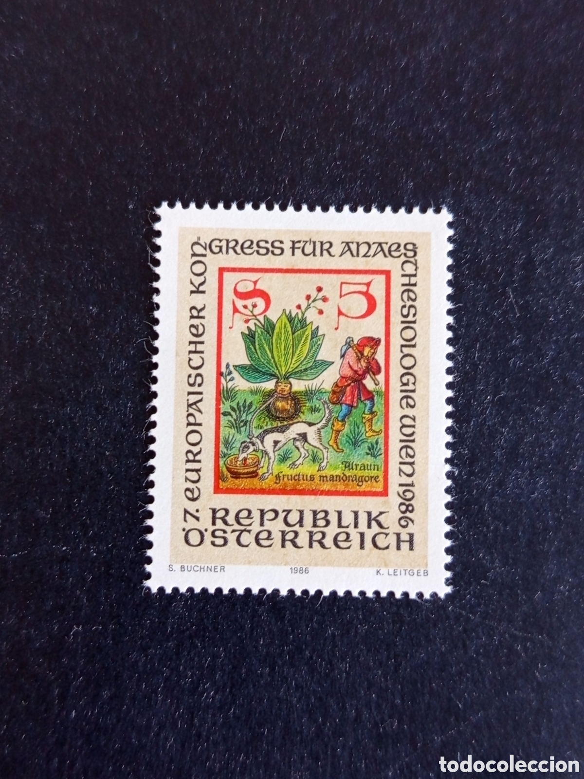 Sellos: AUSTRIA, 1986. Miniatura recolecci&oacute;n mandr&aacute;gora. Anestiolog&iacute;a. Yvert 1687. Pedido m&iacute;nimo 3 &euro;.