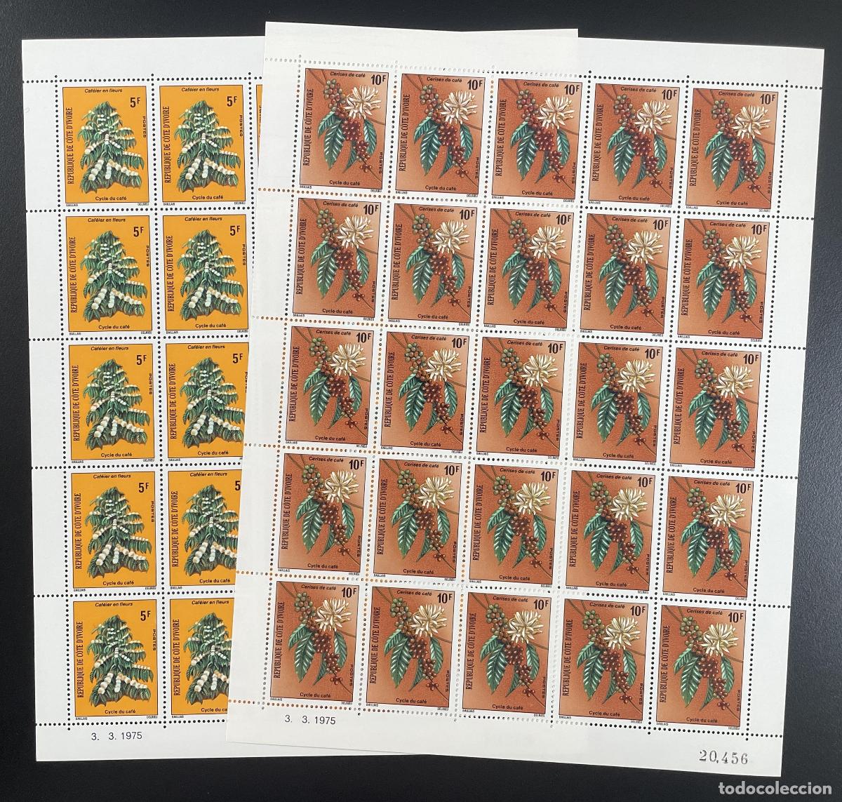 Sellos: Costa de Marfil 1975 YT 383-384 ciclo tablones: caf&eacute; cerezo en flor