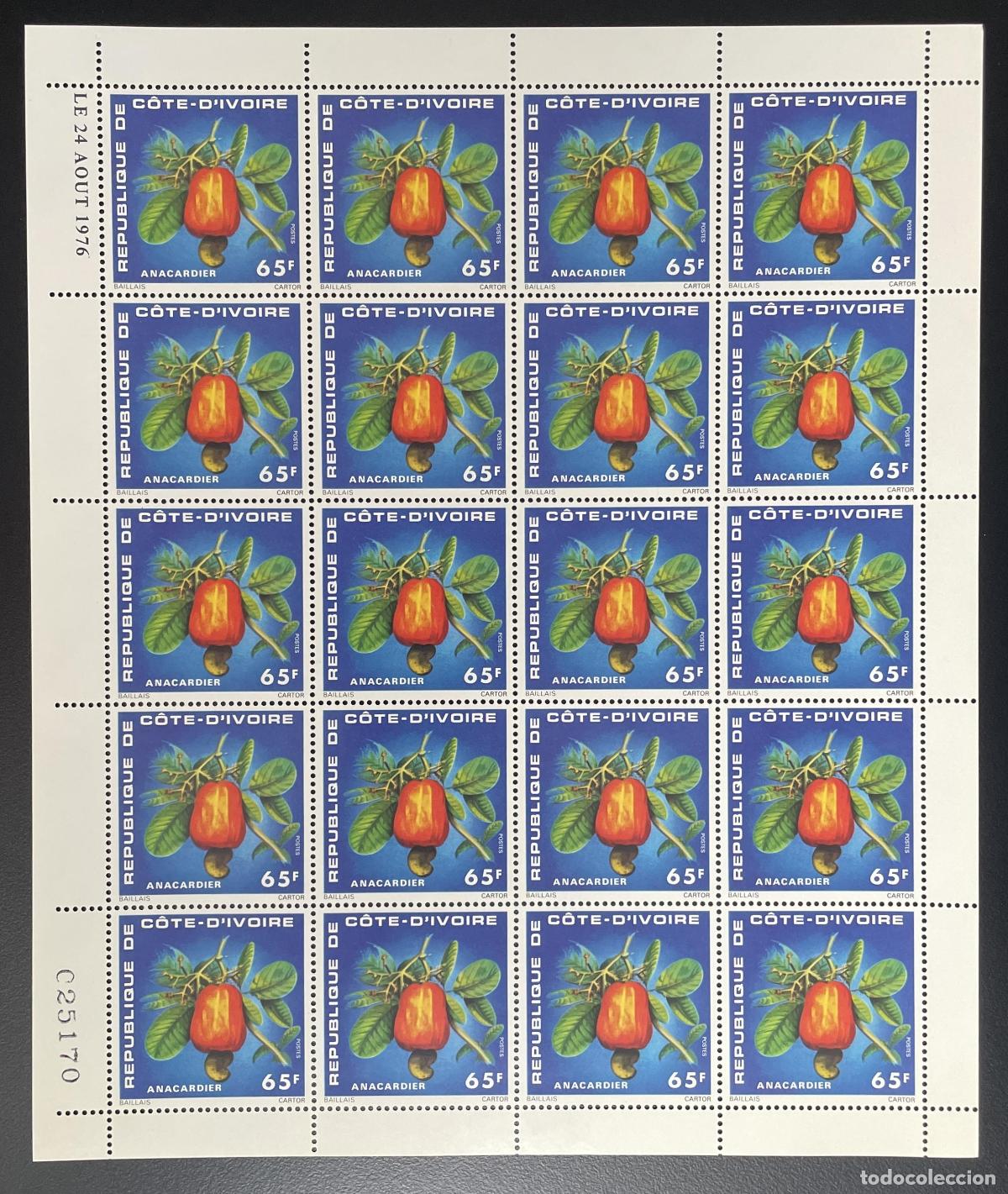 Sellos: Costa de Marfil 1976 YT 408 tabl&oacute;n Flora frutal anacardo
