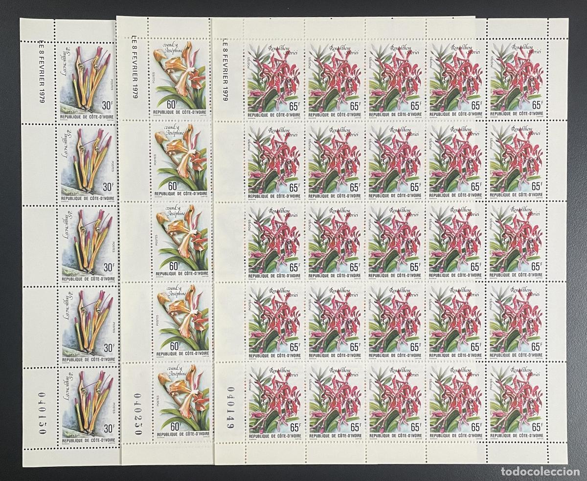 Sellos: Costa de Marfil 1979 YT 485-487 tabl&oacute;n flores orqu&iacute;deas Renanthera Storiei