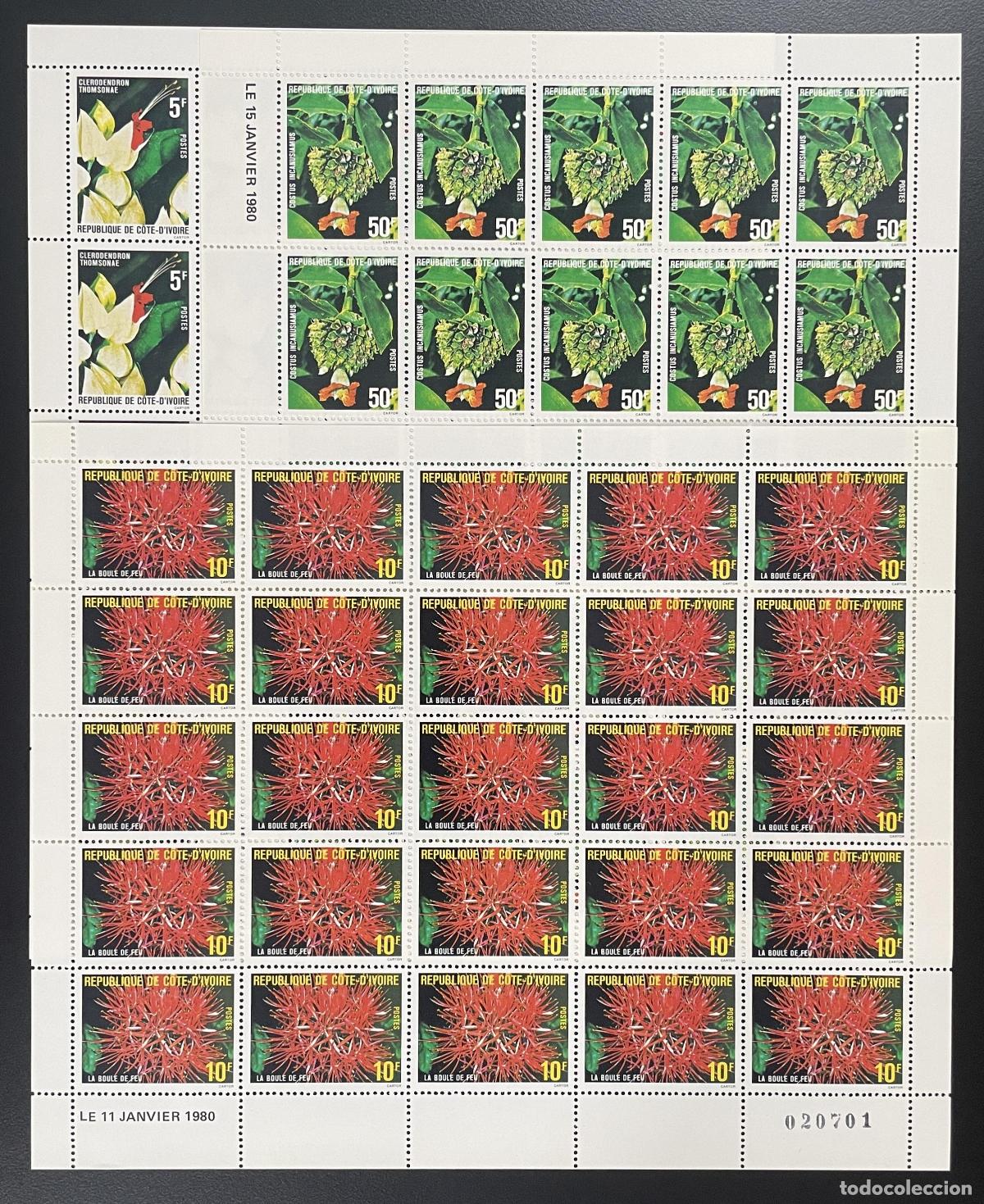 Sellos: Costa de Marfil 1980 YT 523-525 tabl&oacute;n flores Clerodendron Scadoxus flora