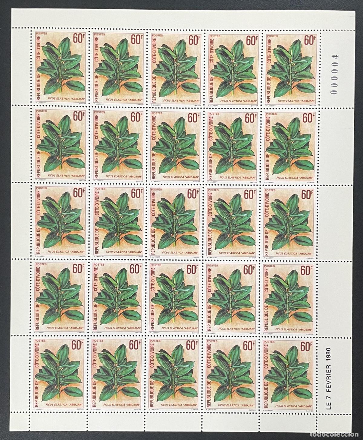 Sellos: Costa de Marfil 1980 YT 528 tabl&oacute;n Ficus elastica Planta flora Abiy&aacute;n
