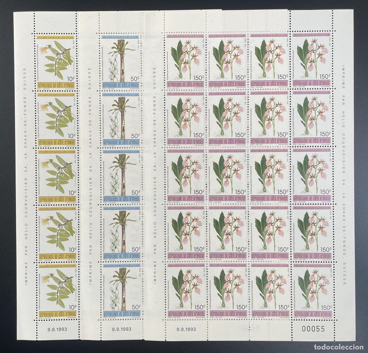 Sellos: Costa de Marfil 1993 YT 907-909 tabl&oacute;n orqu&iacute;deas flores flora bot&aacute;nica