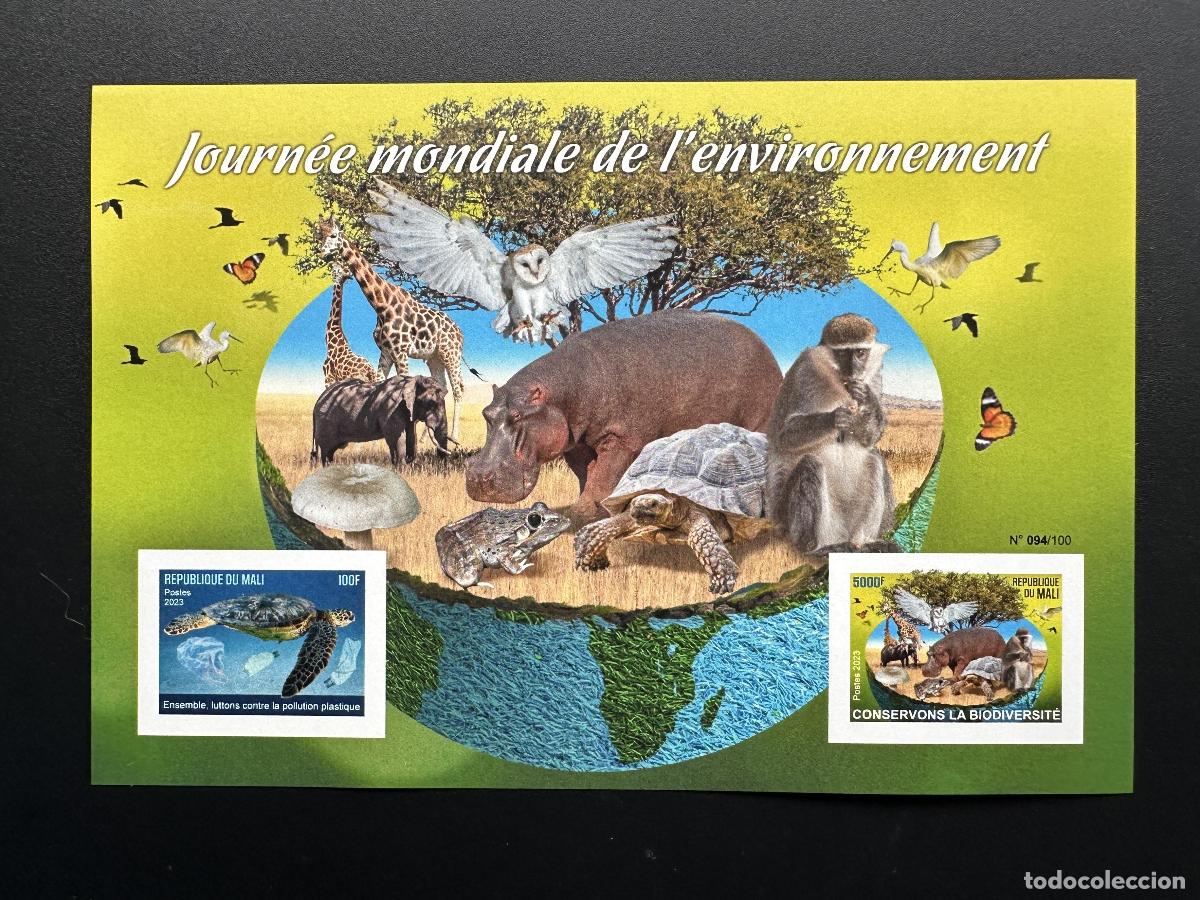 Sellos: Mali de mayo 2023. &iquest;Bl.? ND medio ambiente vida silvestre p&aacute;jaro tortuga b&uacute;ho mono hongo