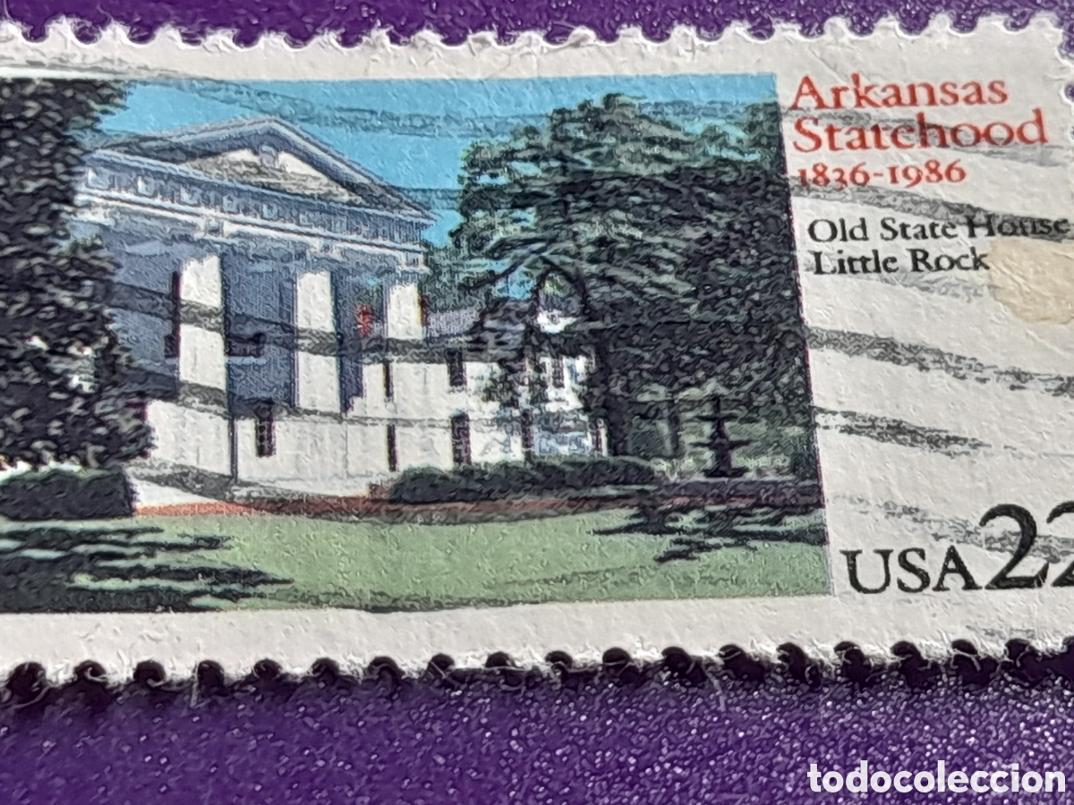 Sellos: Sello Estados Unidos mtdo 1989. 150Aniv integraci&oacute;n Arkansas. Mansi&oacute;n. Casa. &Aacute;rboles. Jard&iacute;n. Histor