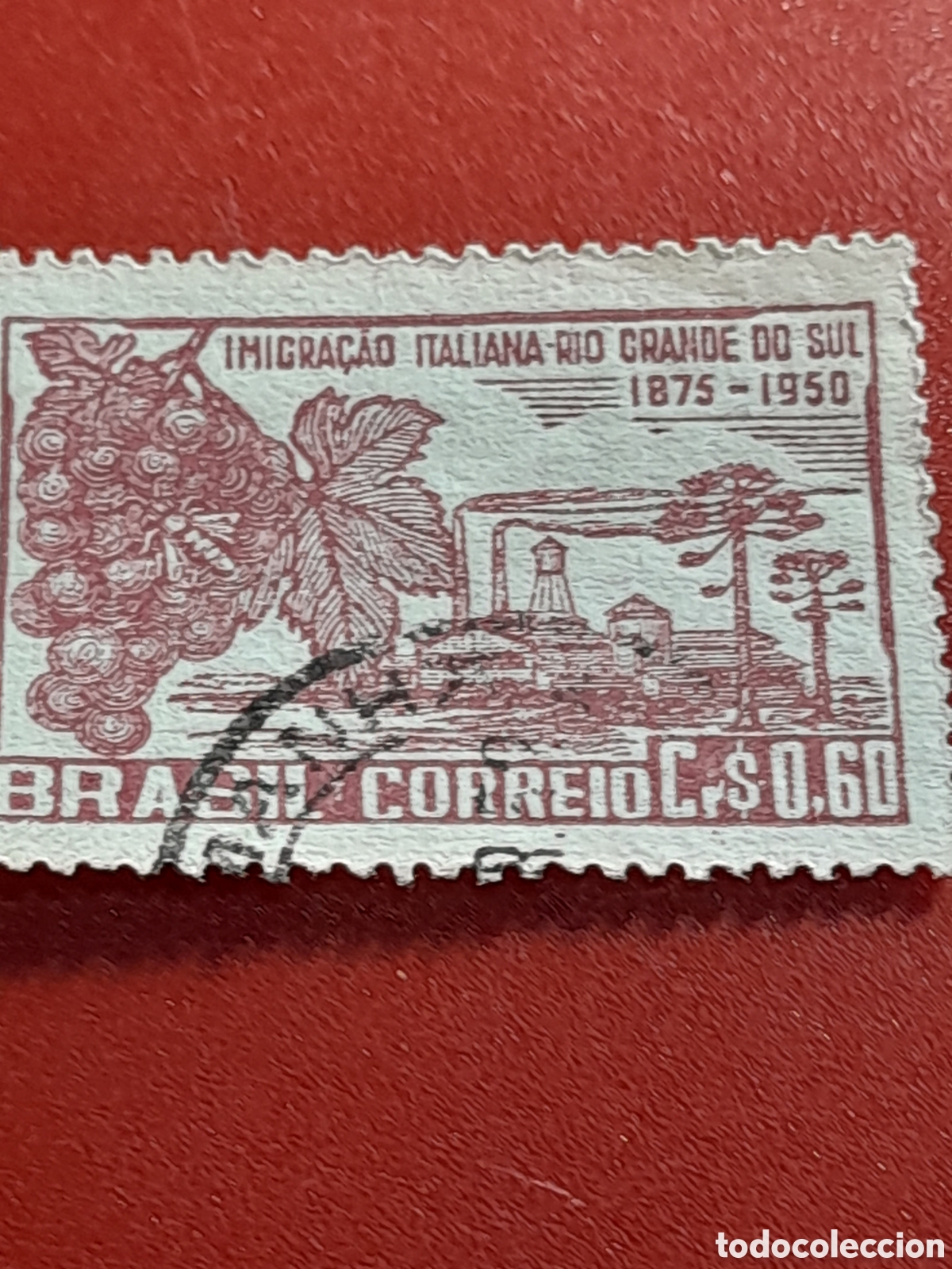 Sellos: Sello Brasil mtdo/udo 1950. 75Aniv llegada inmigrantes. Uvas. Fruta. Flora. &Aacute;rboles. Industria. Viz