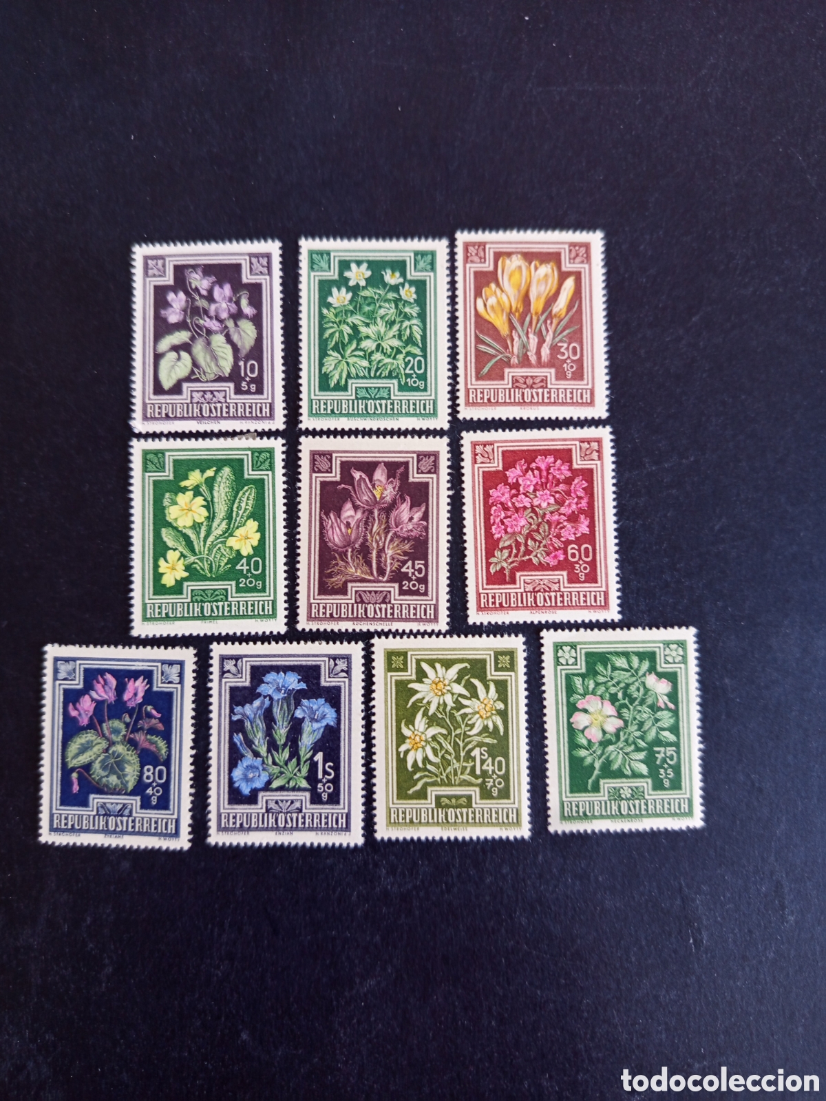 Sellos: AUSTRIA, 1948. Flora: flores de Austria. Yvert 722/31. Ver fotos. Serie completa