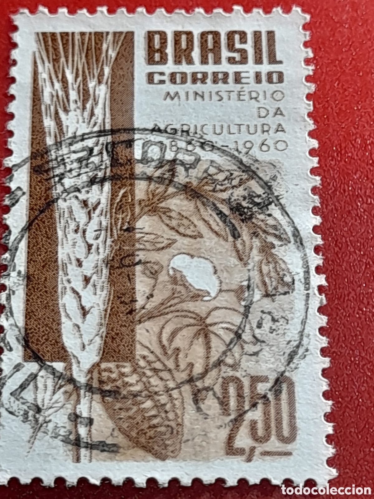 Sellos: Sello Brasil mtdo/udo 1960. 100Aniv Ministerio agricultura. Trigo. Flora. Naturaleza. Alimentos.