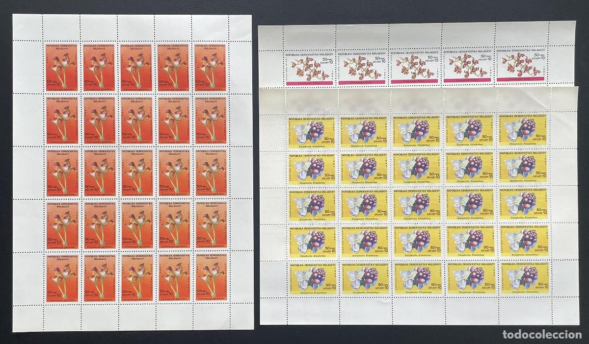 Sellos: Madagascar 1984 YT PA 186-188 bloque orqu&iacute;deas flores flora tropical
