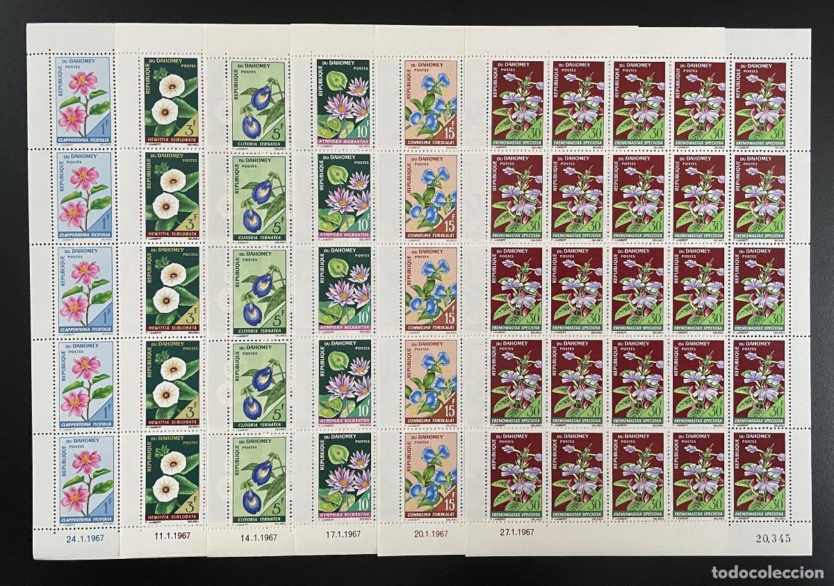 Sellos: Dahomey 1967 YT 246-251 flores en tabl&oacute;n Clitoria Nymphaea Commelina flora