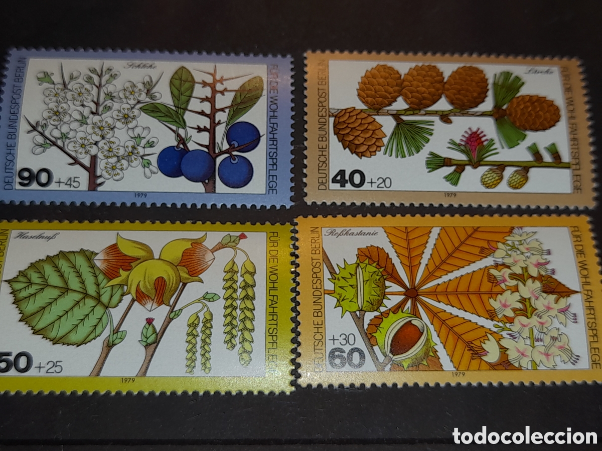 Sellos: Sello Alemania, Berlin mtdo 1979. Beneficiencia. Frutos. Bosque. Flor. Flores. Casta&ntilde;a. Avellana Con