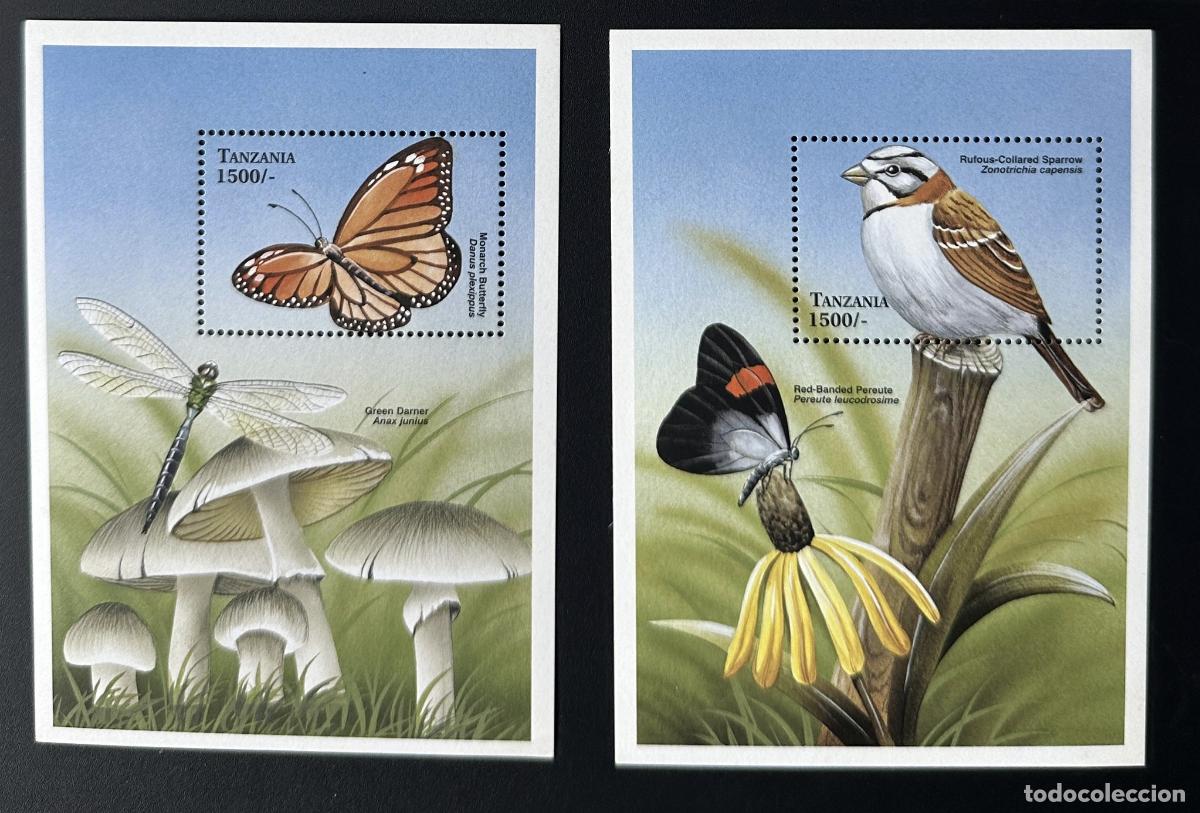 Sellos: Tanzania 1999 Mi. Bl. 440 441 P&aacute;jaros lib&eacute;lulas mariposas flores fauna y flora