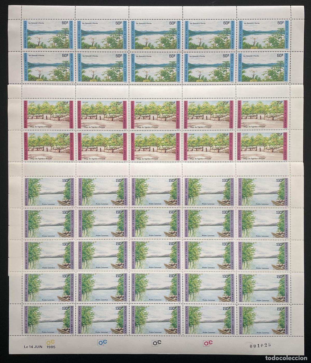Sellos: Camer&uacute;n 1985 YT 763-765 tabl&oacute;n &aacute;rboles pueblo r&iacute;o naturaleza bosque lago