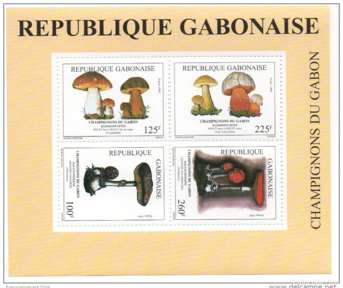 Sellos: Gab&oacute;n 1999 Bl. 102 bloques hoja en bloque hongos pilze flora rara